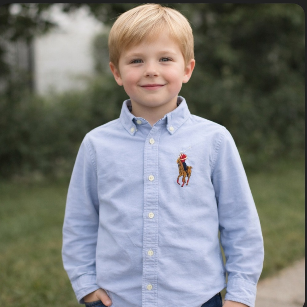 Polo Ralph Lauren Kids Blue Button-Down Shirt with Big Polo Oxford Sz 7